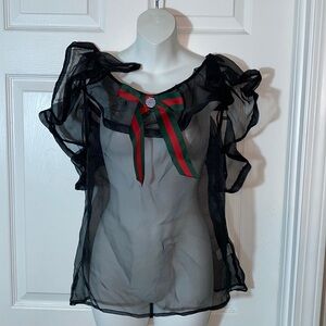Mango Black Sheer Top Ruffle Green Red Button Bow Detail Back Zipper Size Large